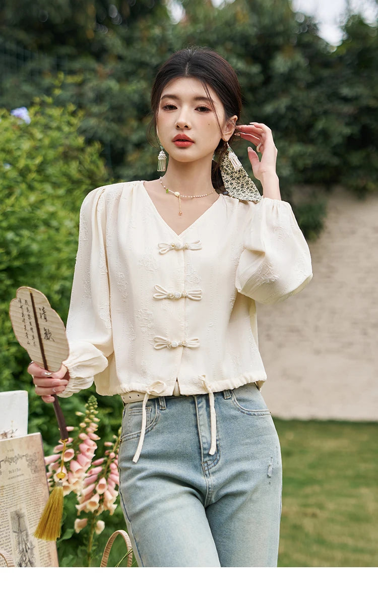 MISHOW Chinese Button Up Shirt Jacquard Drawstring Puff Sleeve MXD14X1386