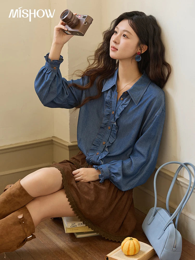 MISHOW Blue Lyocell Denim Shirt Ruffled Placket Waist Cinc MXE43C2386