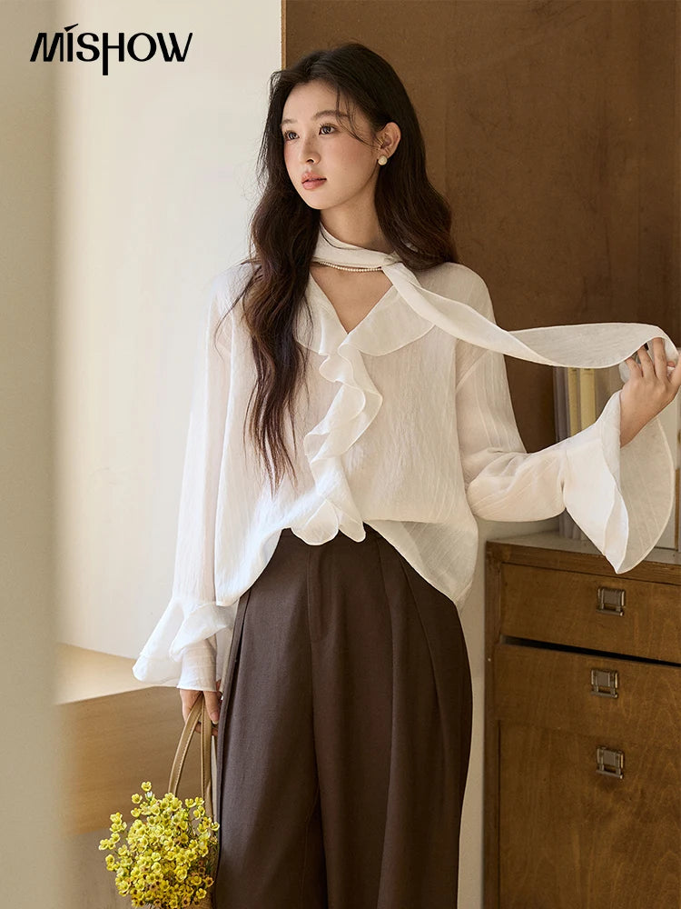 MISHOW Ruffle Trim Chiffon Blouse Detachable Scarf MXF108X0999
