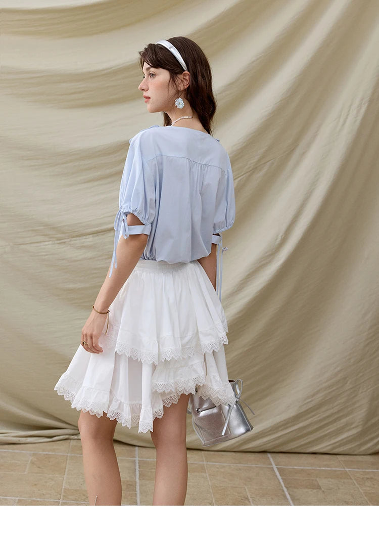 MISHOW Solid V-Neck Blouse Embroidered Loose Short Sleeve MXE31X1774