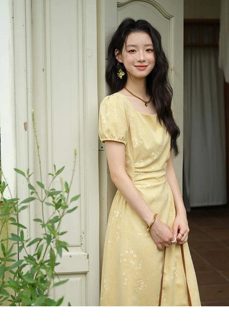 Mishow Square Neck Puff Sleeve Bamboo Jacquard Dress MXE39L2415