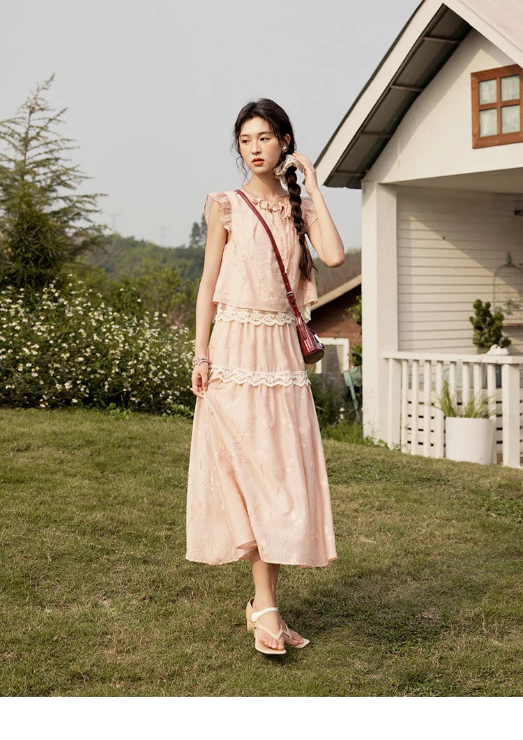 Mishow Short Flying Sleeve Top & Hollow Embroidery A-Line Skirt Set MXE33T0545