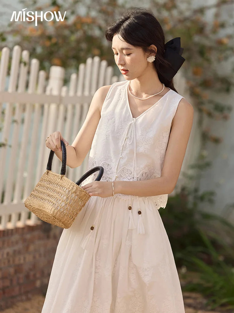 Mishow Embroidery V-Neck Lace Up Top & Elastic Waist Skirt Set MXE33T0593