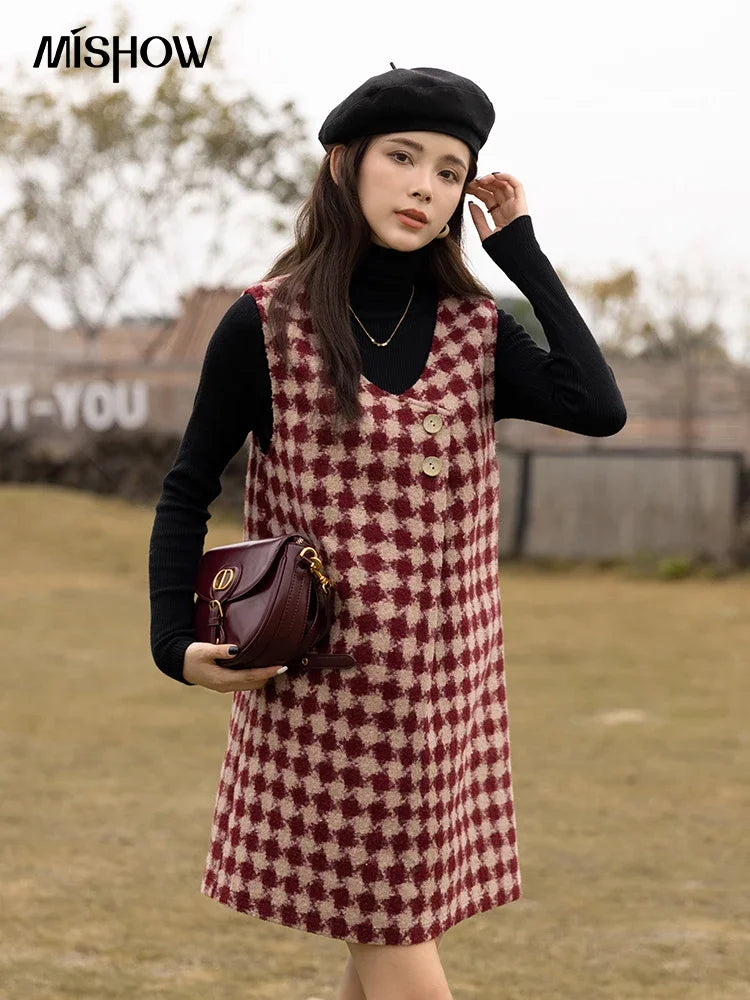 Mishow Plaid V-Neck Sleeveless Woolen Vest Dress MXB47L1332