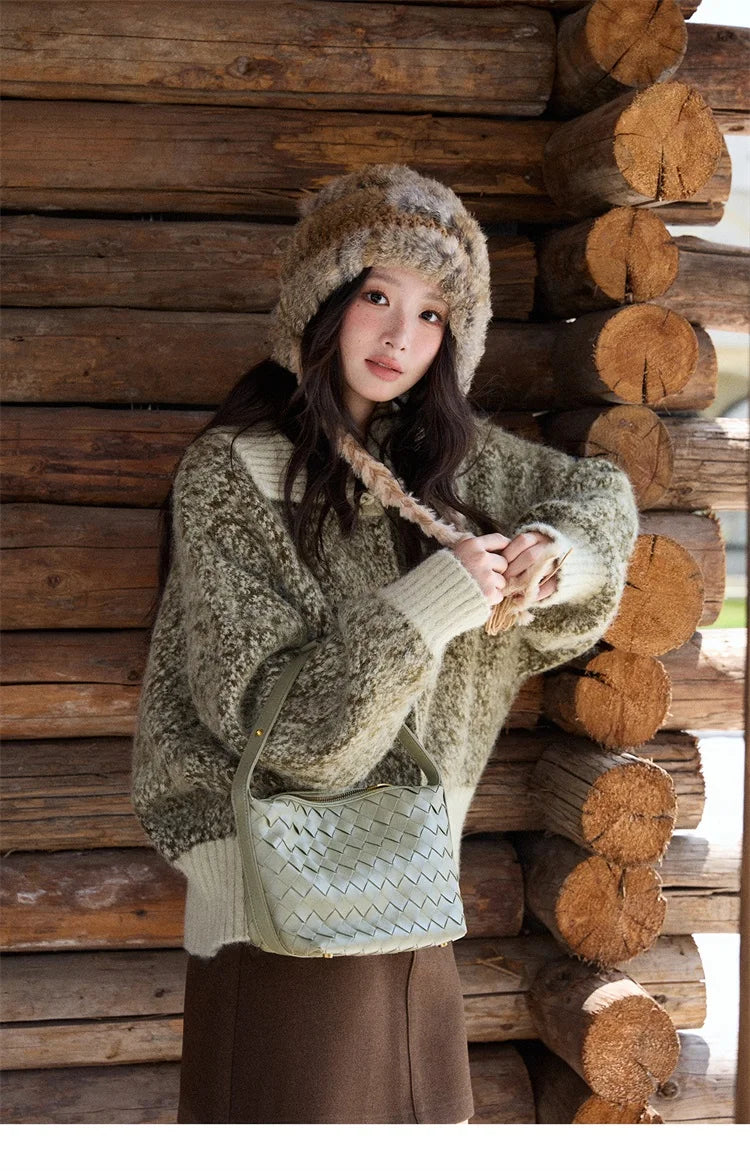 Mishow Green Retro Mottled Stand Collar Cardigan MXE90Z2787