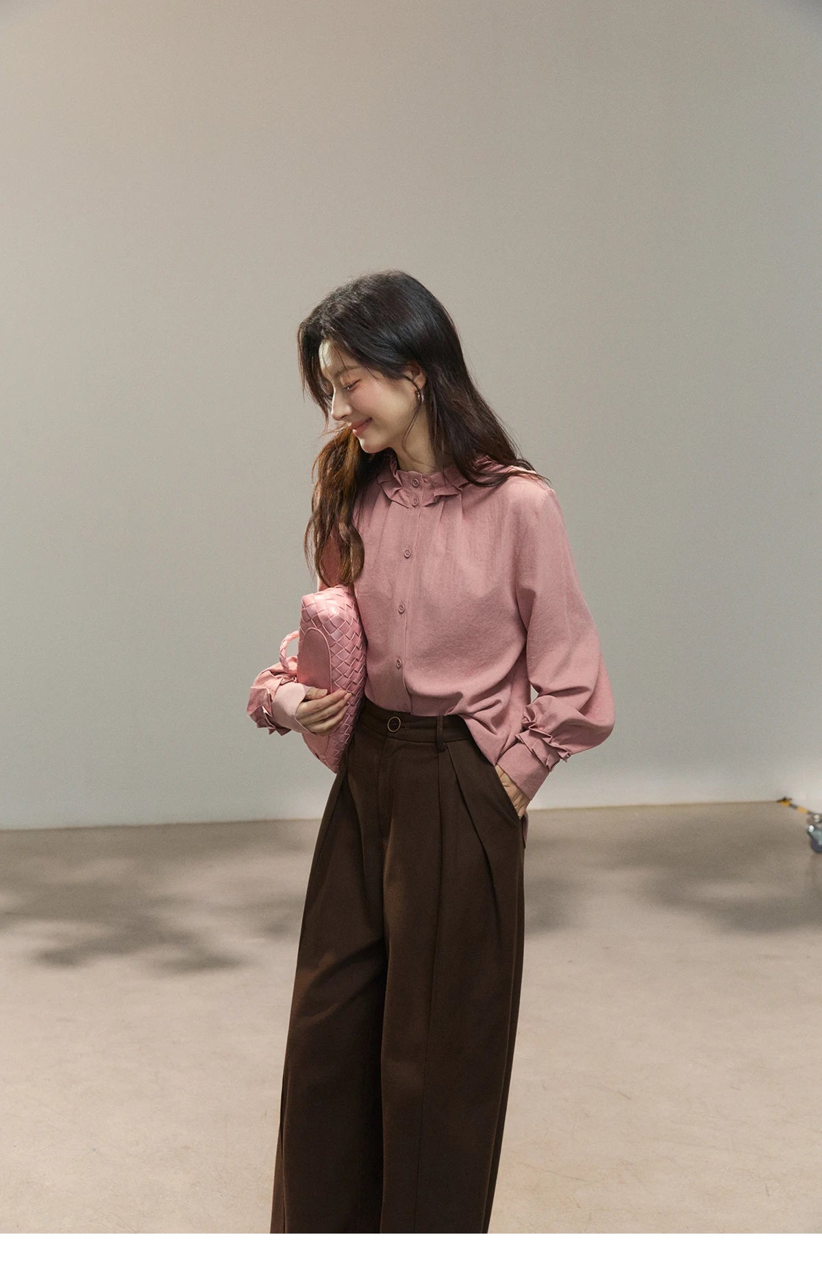 MISHOW Peach Skin Solid Shirt Ruffled Crew Neck MXF11C2431