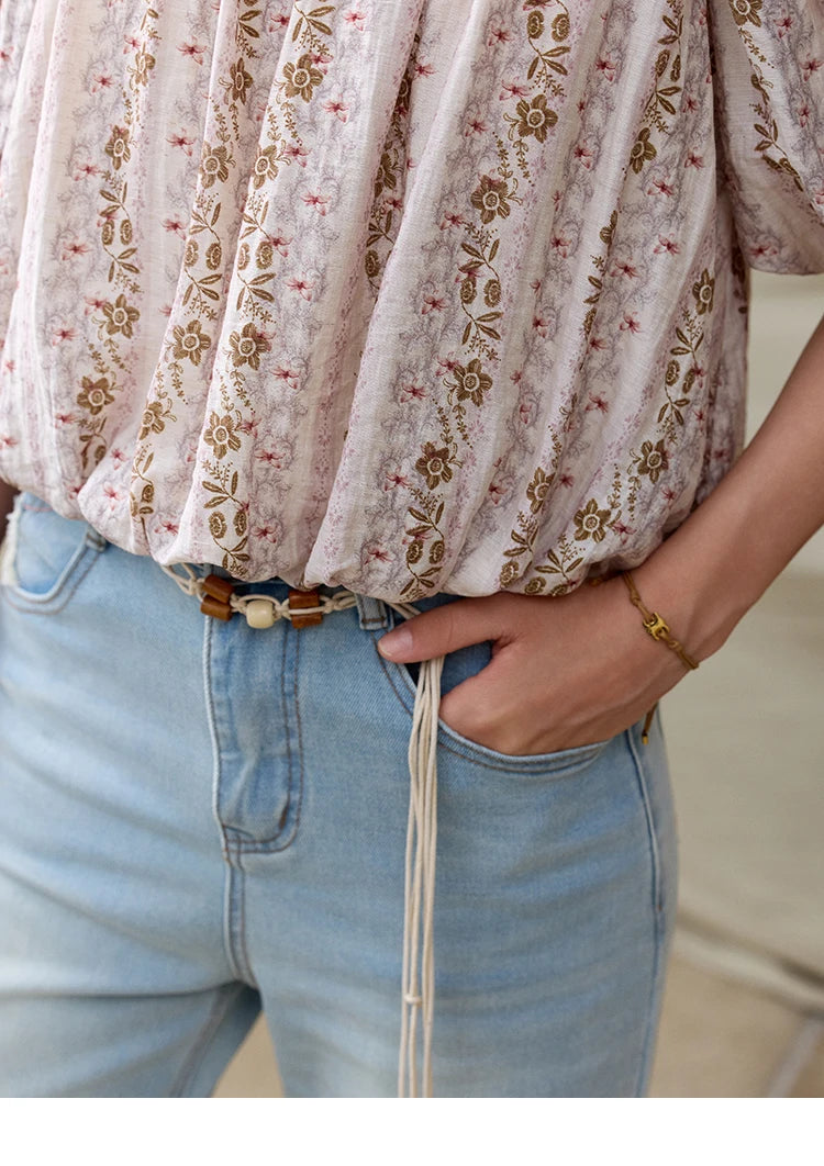 MISHOW One-Shoulder Floral Blouse Short Sleeve Contrast MXE31X1767