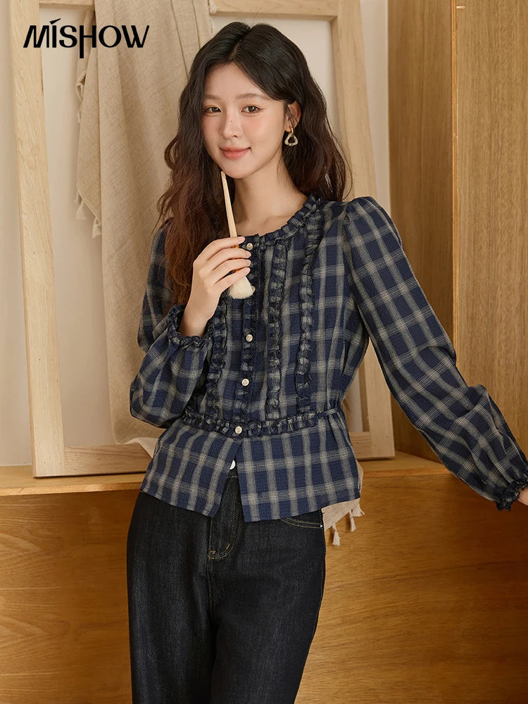 MISHOW Vintage Blue Plaid Shirt Round Neck Loose MXE45X2480