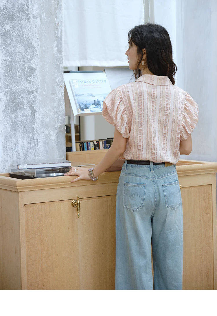 MISHOW Pink Turn-Down Collar Shirt Flower Bud Sleeve Striped MXD24C0204