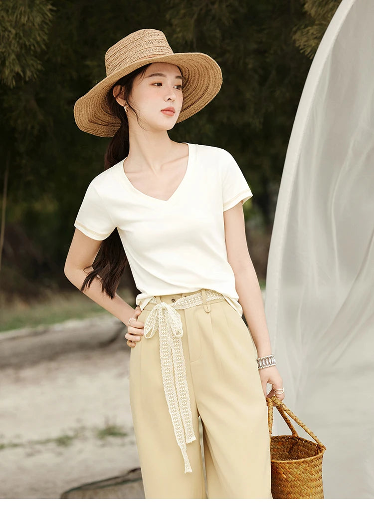 Mishow Solid V-Neck Slim Cotton Tee MXE33T0519