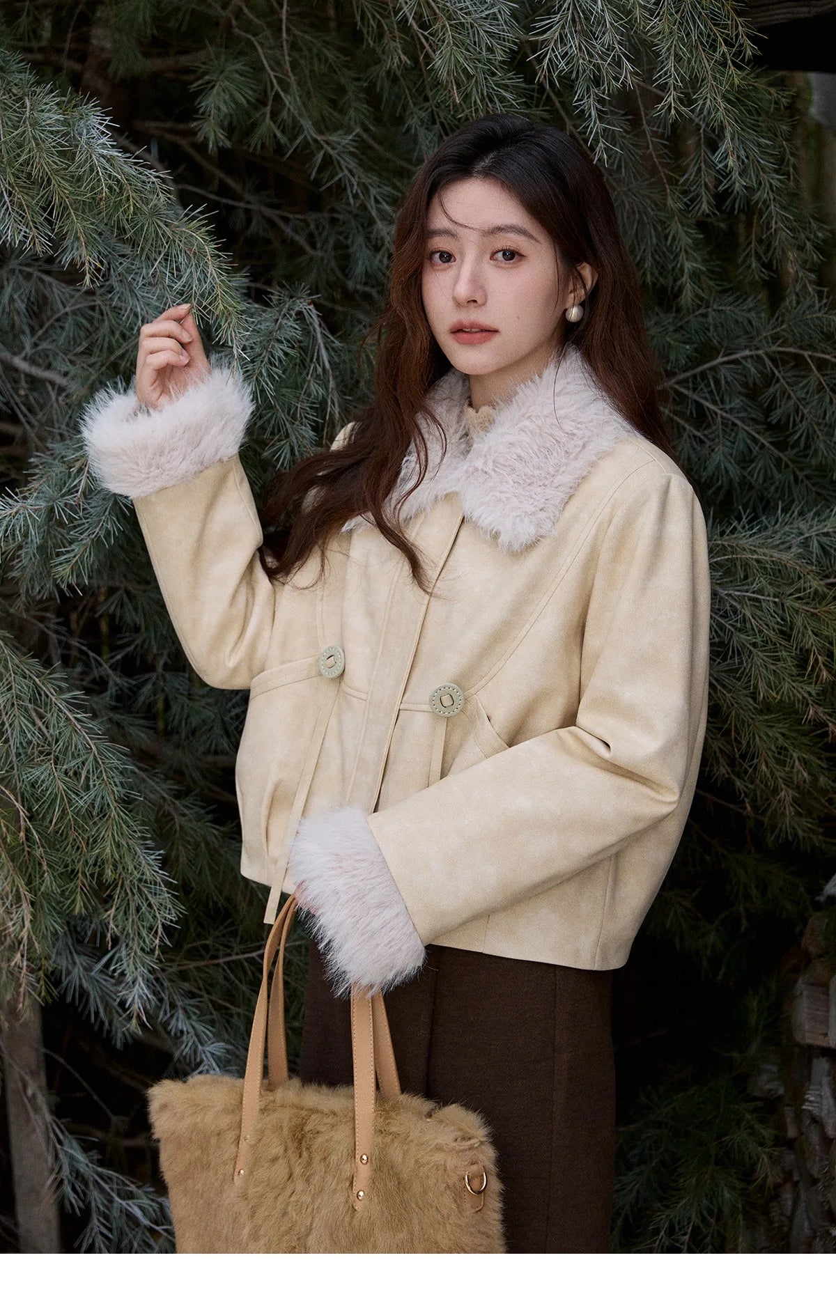 Mishow Apricot Suede Plush Collar Jacket MXE91W0987