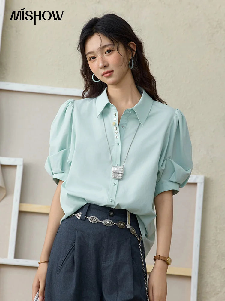 MISHOW Light Green Bubble Sleeve Shirt Lapel Collar Irregular Buttons MXE34C0788