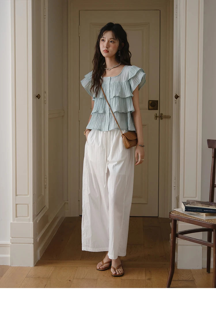 MISHOW Butterfly Sleeve Chiffon Shirt Square Neck Button MXD30X1488