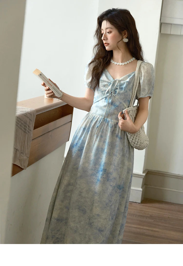 Mishow V-Neck Lace-Up Puff Sleeve Flower Dress MXE38L2379