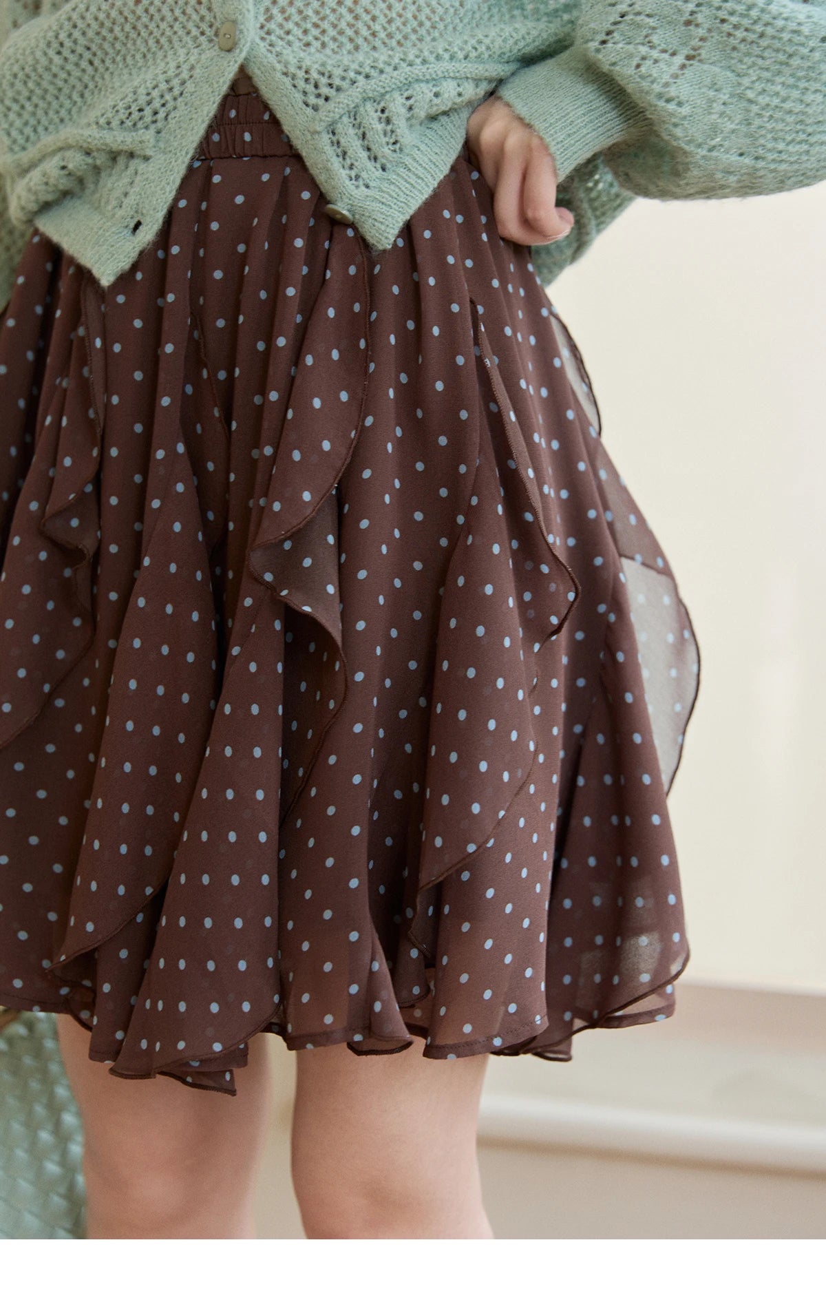 Mishow Brown Polka Dot Ruffled Chiffon Mini Skirt MXF13B2476