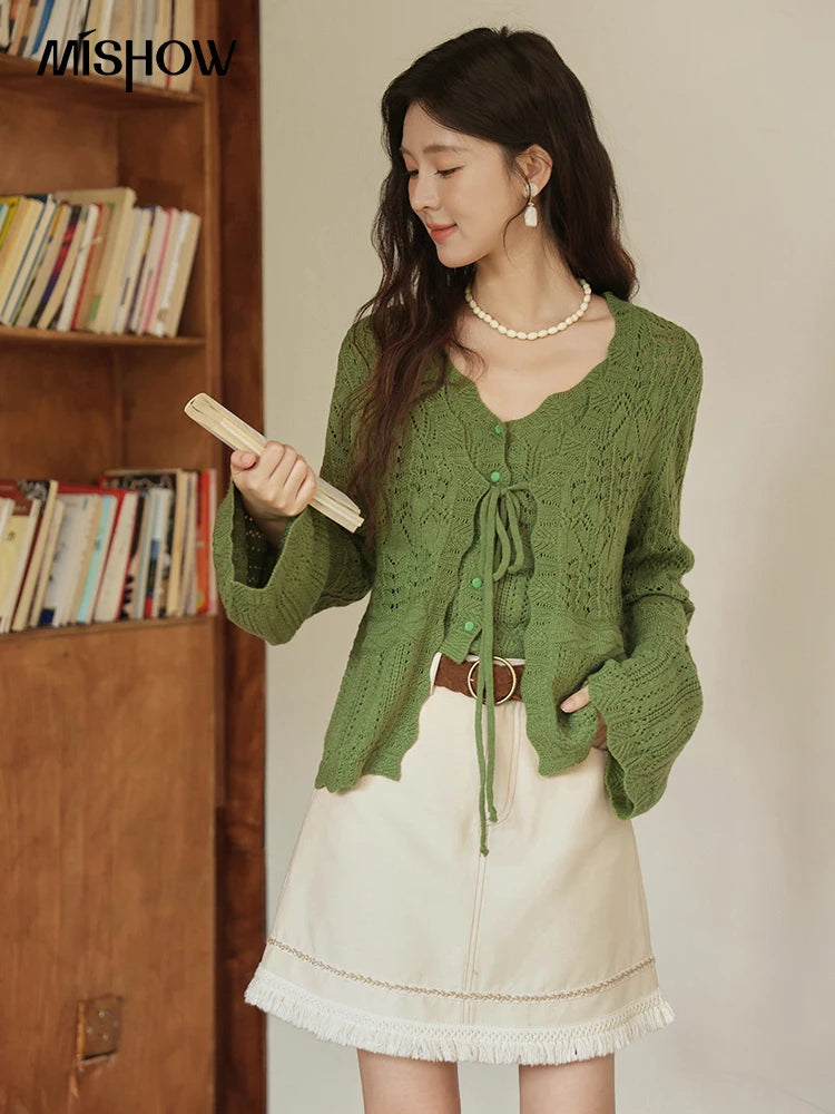 Mishow Flared Sleeve Lace-Up Cardigan & Camisole Set MXE42T0717