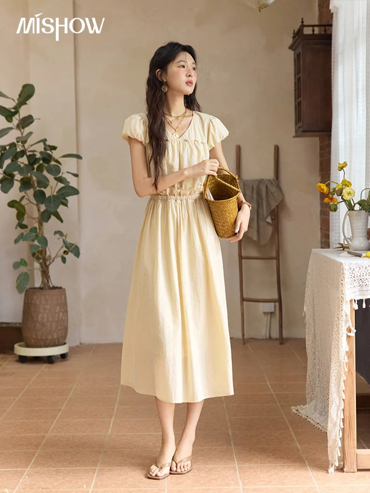 Mishow Flower Bud Sleeve V-Neck Sash Dress MXE34L2238