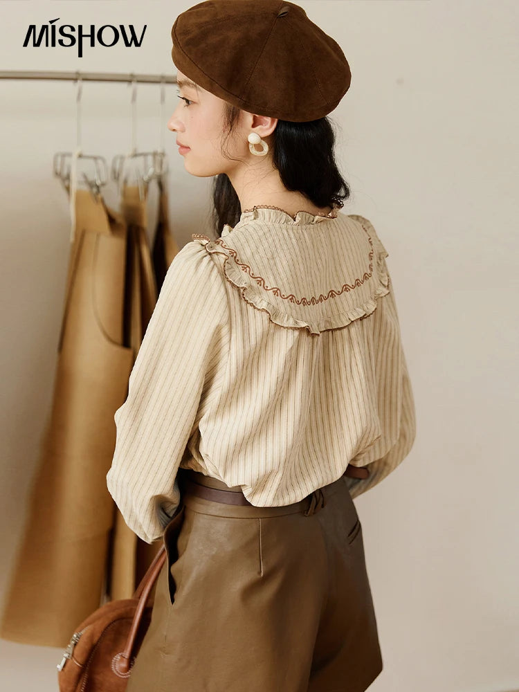 MISHOW Striped Shirt Wood Ear Edge Round Neck Embroidery MXE46X2492