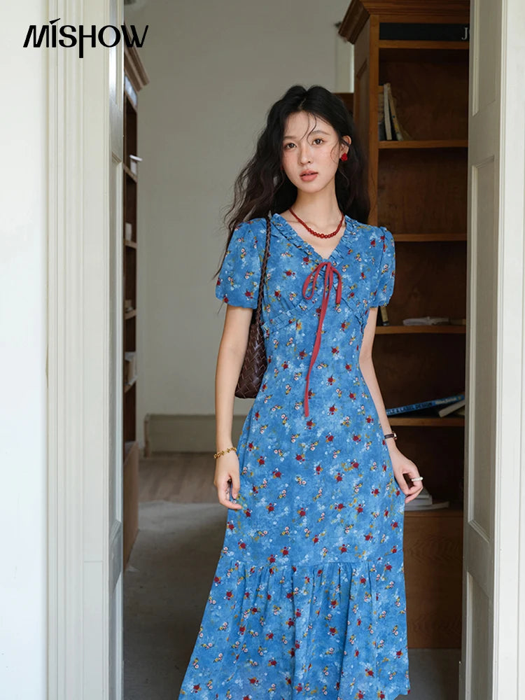 Mishow V-Neck Lace-Up Puff Sleeve Chiffon Dress MXE39L2401