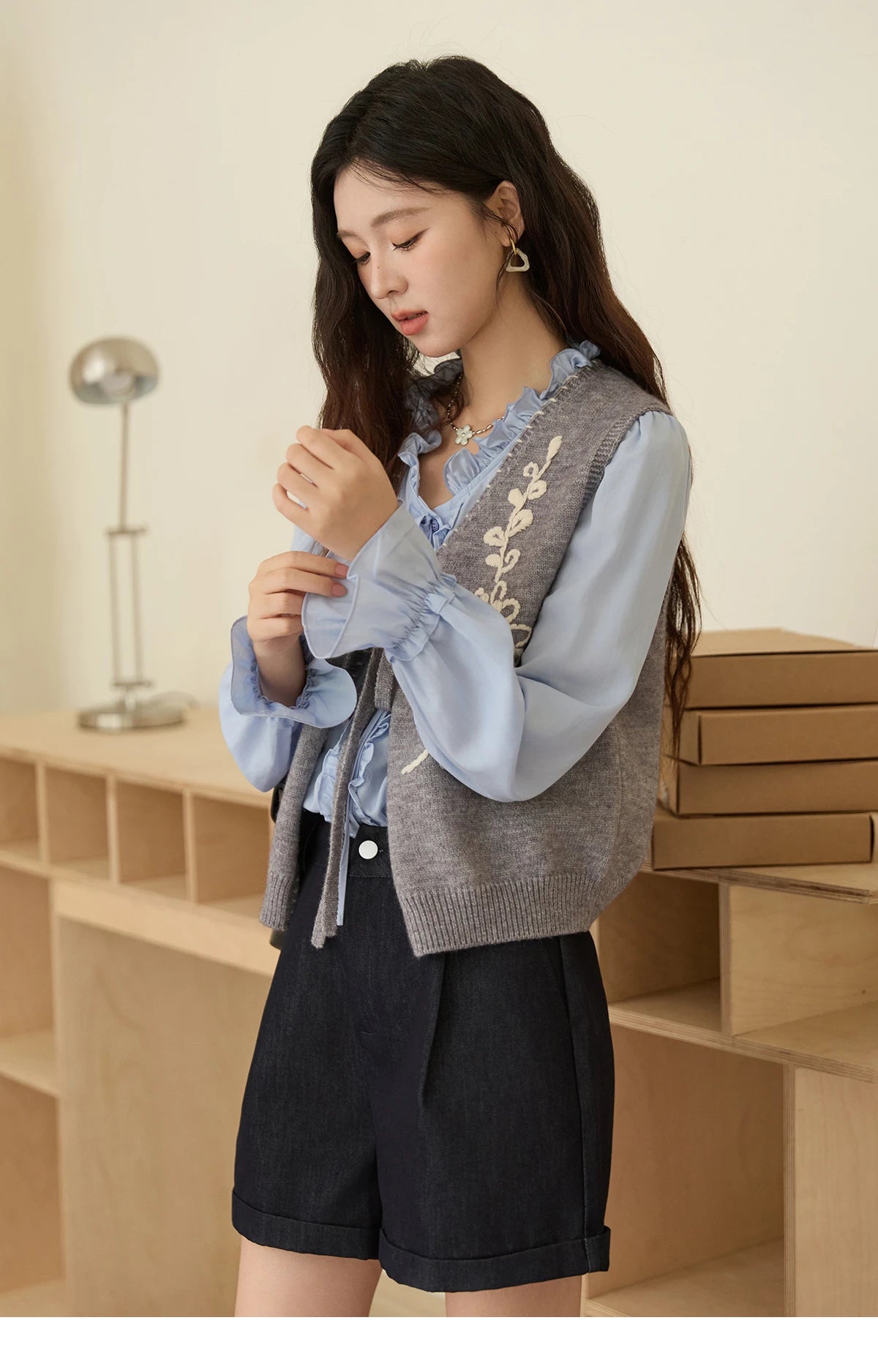MISHOW 100% Lyocell Blue Shirt French Ruffles Ties MXE45X2484