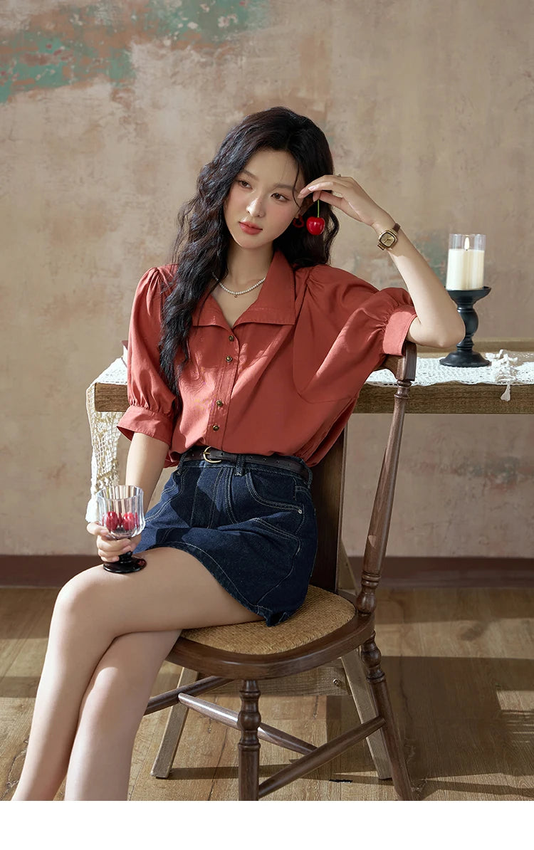 MISHOW Short Sleeve Blouse Lapel Simple Loose Fit MXD28C0247