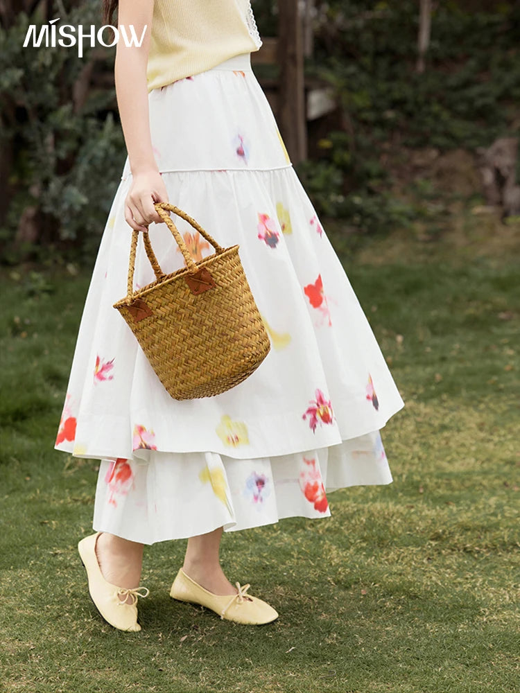 MISHOW White Background Flower Cotton Skirt High Waist A-LINE MXE32B0720