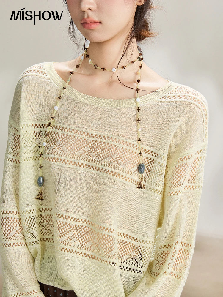 Mishow Pale Yellow Crew Neck Hollow Top MXF13Z3020