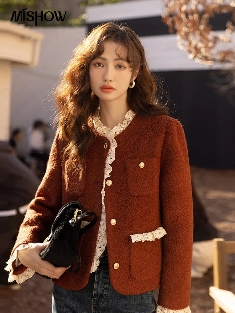 MISHOW Wool Coat Lace Splicing Lamb Wool Button Pockets MXB43W0720