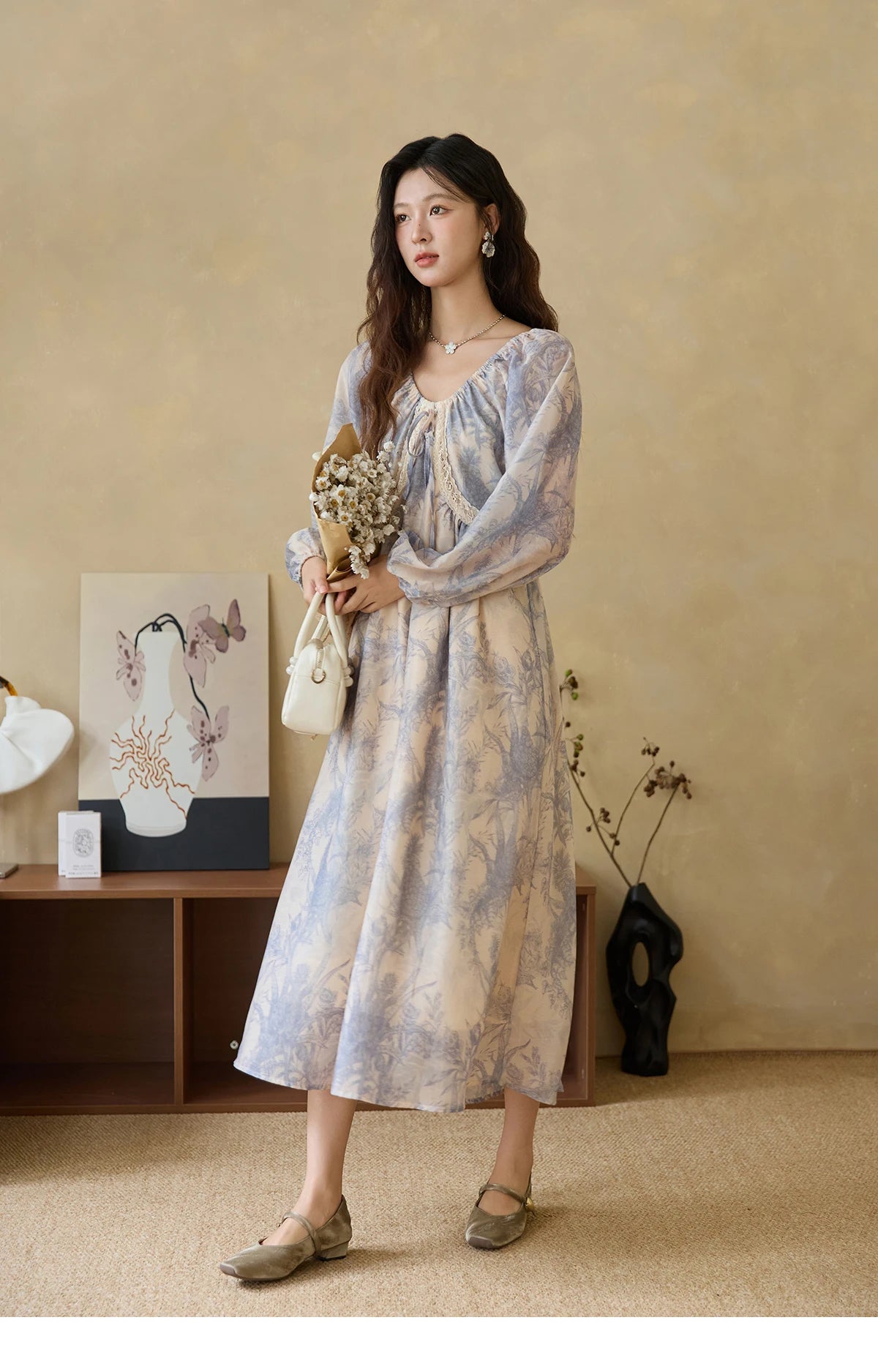 Mishow Blue Floral Lace Panel Drawstring Dress MXE45L2507