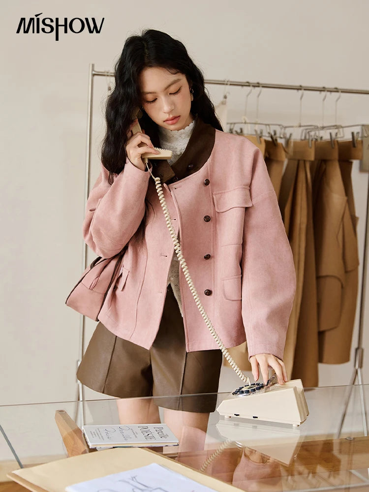 MISHOW Pink Coffee Suede Jacket Stand Collar Contrast Color MXE48W0851