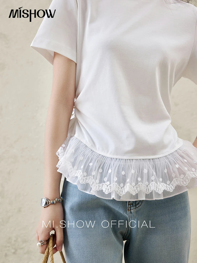 Mishow Lace Hem Splicing Round Neck Tee MXE31T0528