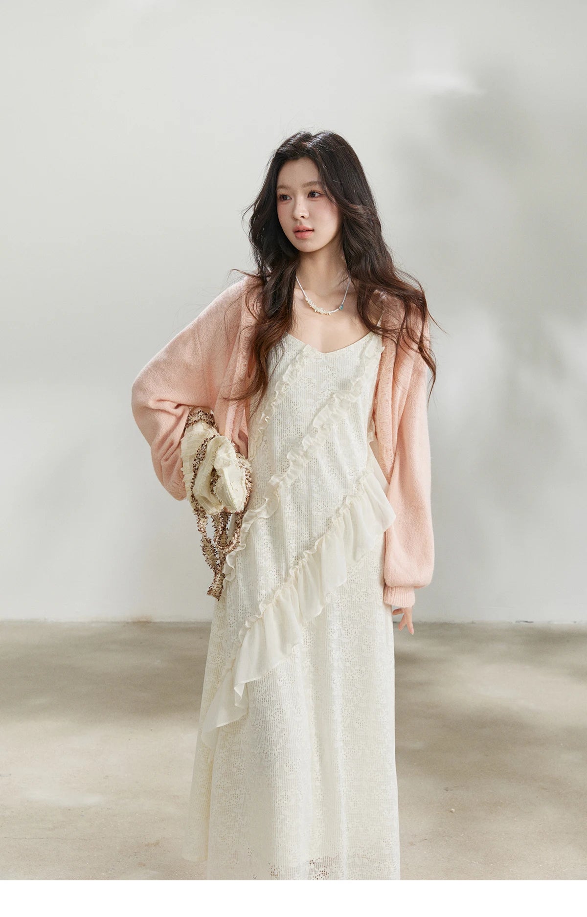 Mishow Pink Ruffled Pearl Button V-Neck Cardigan MXF108Z1028