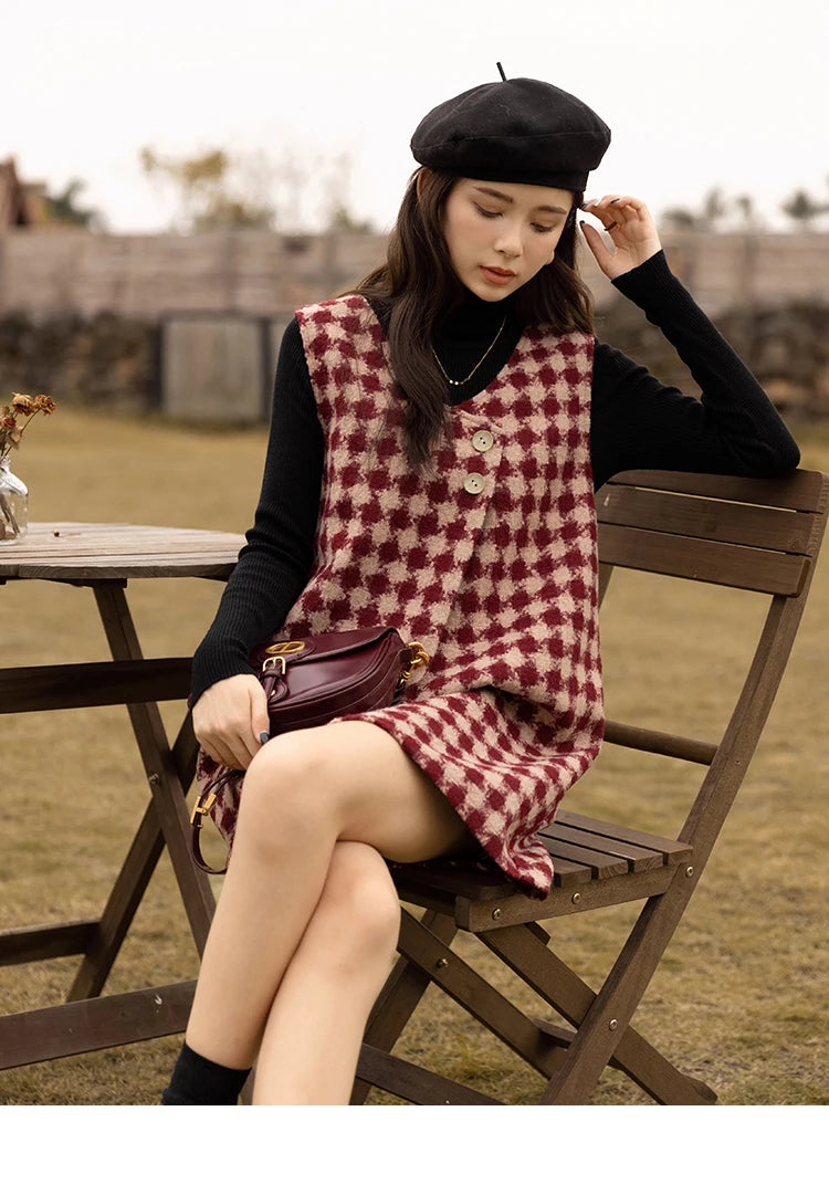 Mishow Plaid V-Neck Sleeveless Woolen Vest Dress MXB47L1332