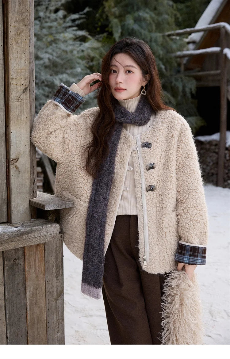 Mishow Plaid Patchwork Curly Lambswool Coat MXE87W0939