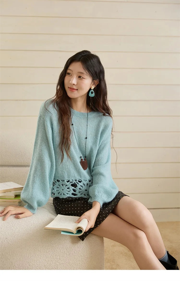 Mishow French Hollow Out Floral O-Neck Sweater MXE44Z2491