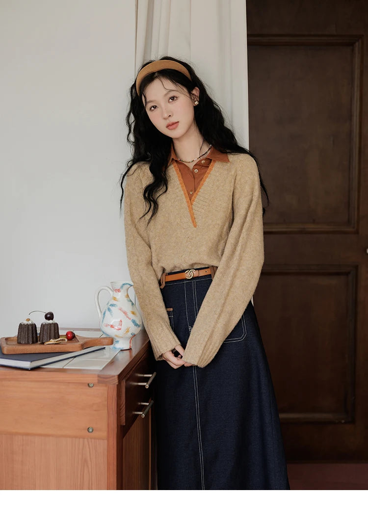 Mishow Vintage False Two-Piece V-Neck Knit Top MXD42Z0695