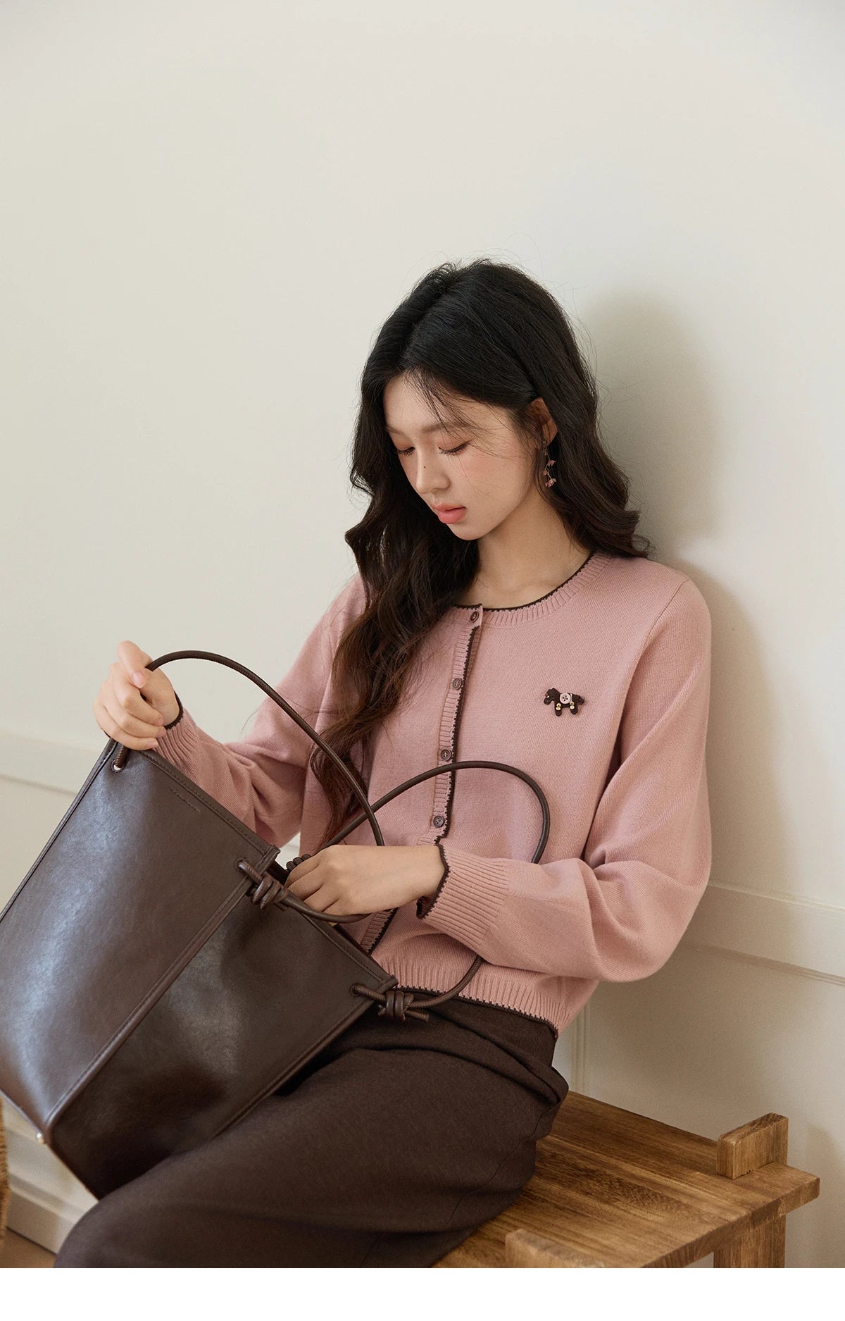 Mishow Pink Contrast Trim Pony Decoration Cardigan MXF108Z1023