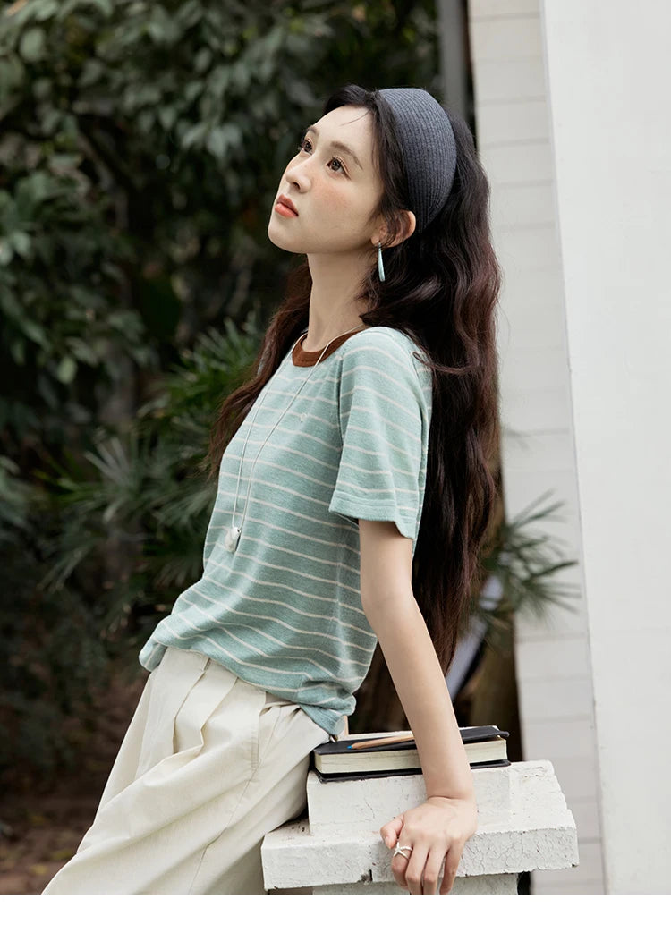 Mishow Striped Contrast Round Neck Tee MXE35Z1270