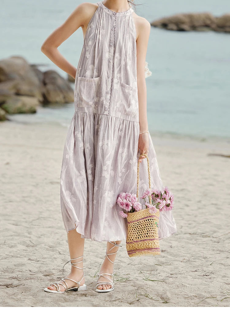 Mishow Purple Print Chiffon Stand Collar Dress MXE32L2163