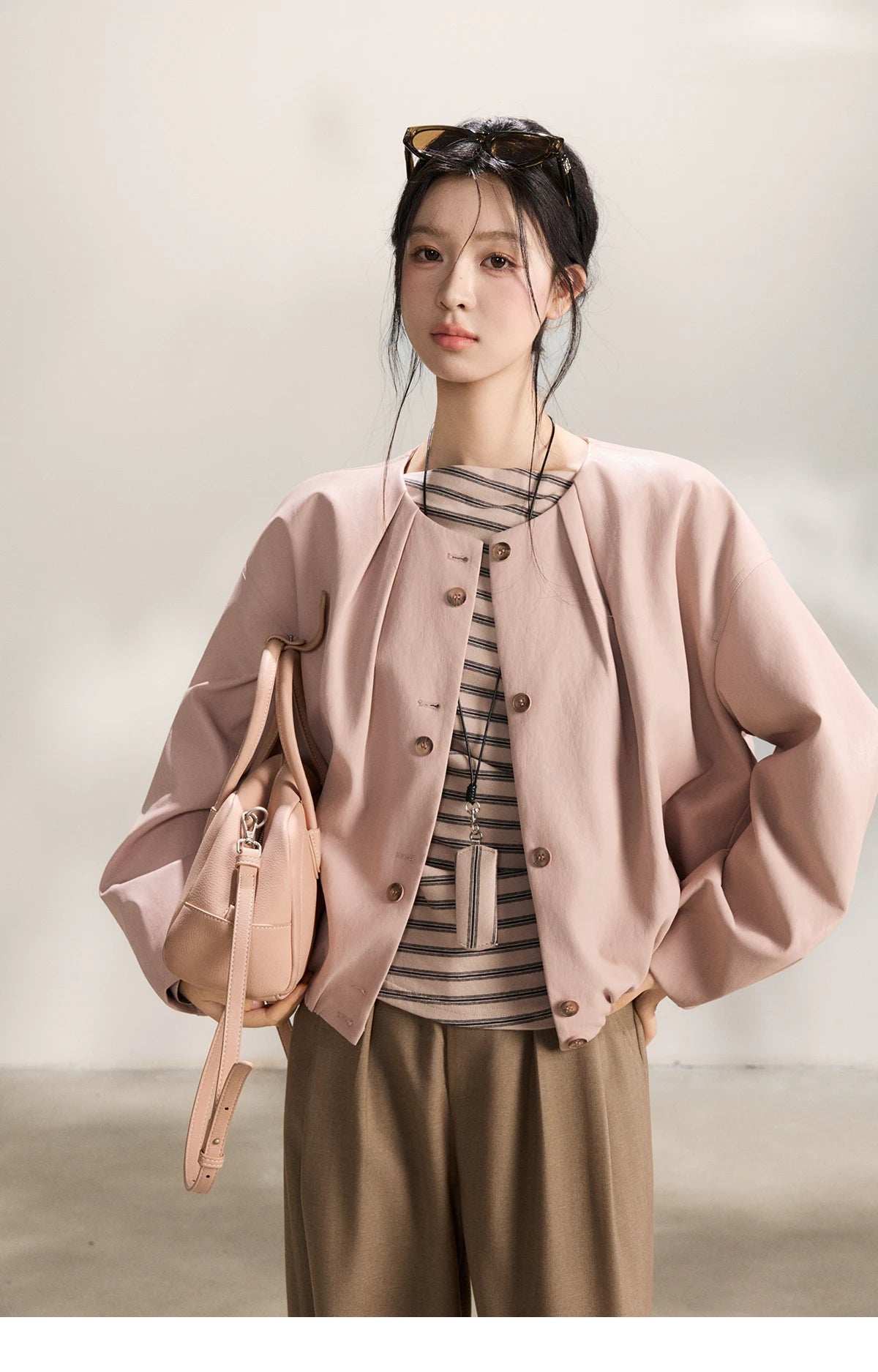 MISHOW Pink Flower Bud Leather Jacket Crew Neck Single-Breasted MXF108W1001