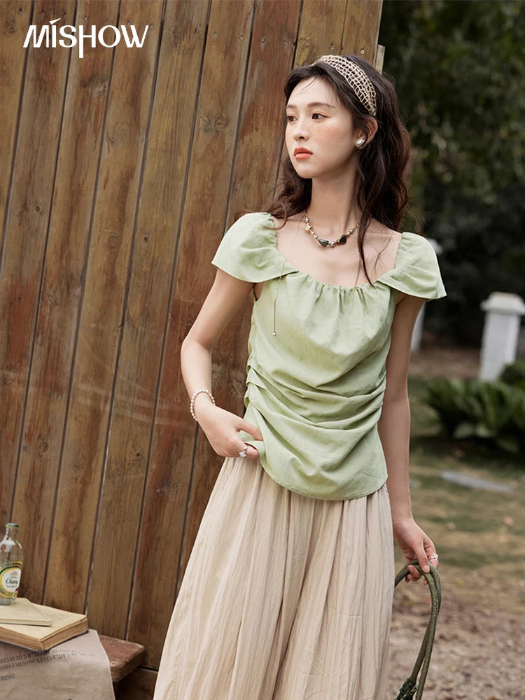 MISHOW Short Flying Sleeve Blouse Square Collar Slimming MXE34X1804
