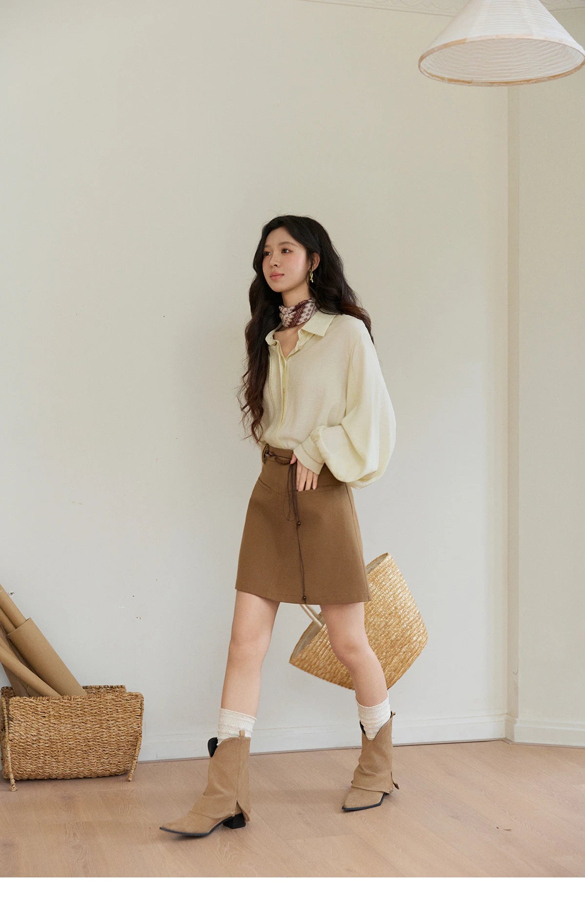 MISHOW Lapel Lantern Sleeve Shirt Lace Trim Loose MXF13C2436