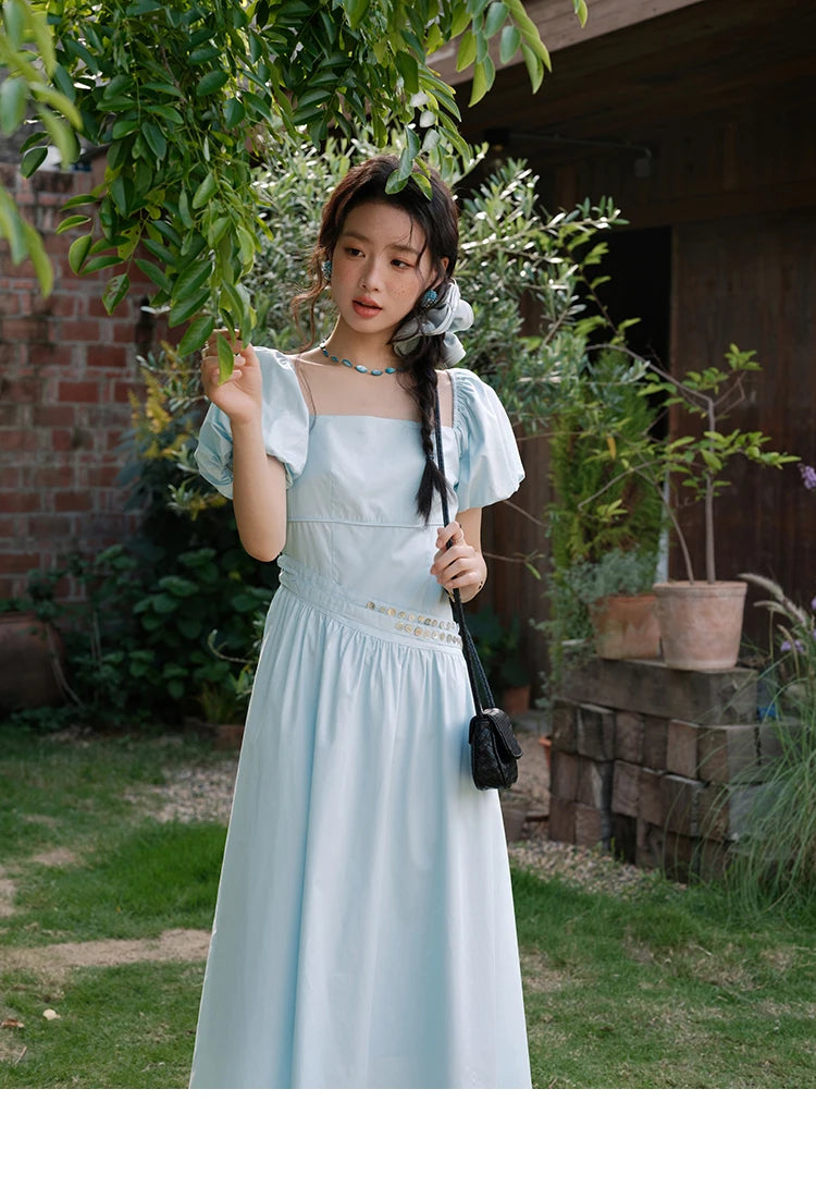 Mishow Square Neck Puff Sleeve Double Belt Dress MXE34L2222