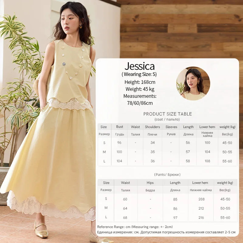 Mishow O-Neck Lace Patchwork Top & Elastic Waist Midi Skirt Set MXE36T0641
