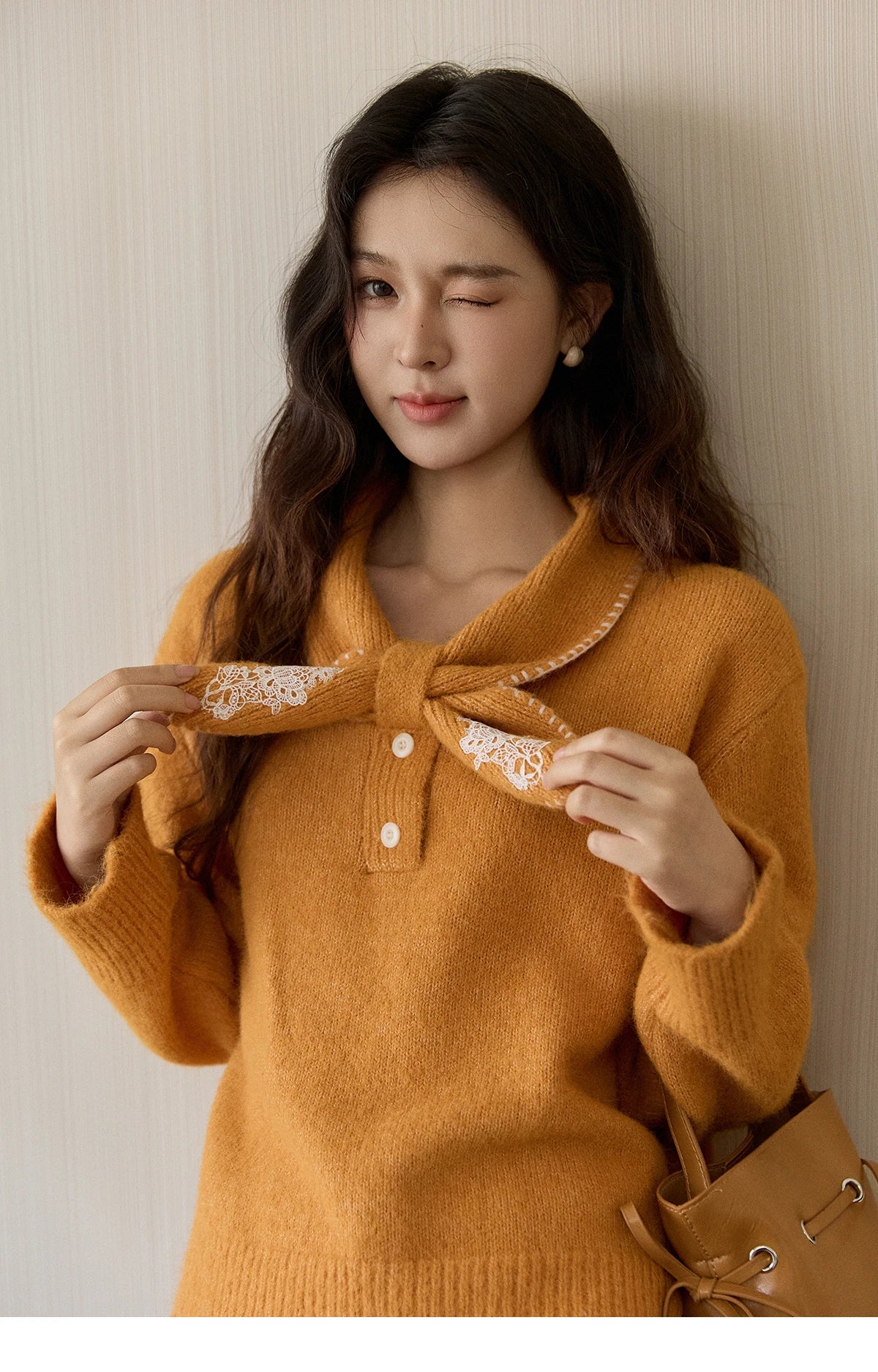Mishow Yellow Bow Collar Lace Splicing Sweater MXE94Z2971