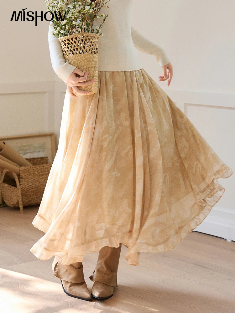MISHOW Beige Chiffon Maxi Skirt Floral Print High Waist Ruffled Asymmetrical MXF11B2463