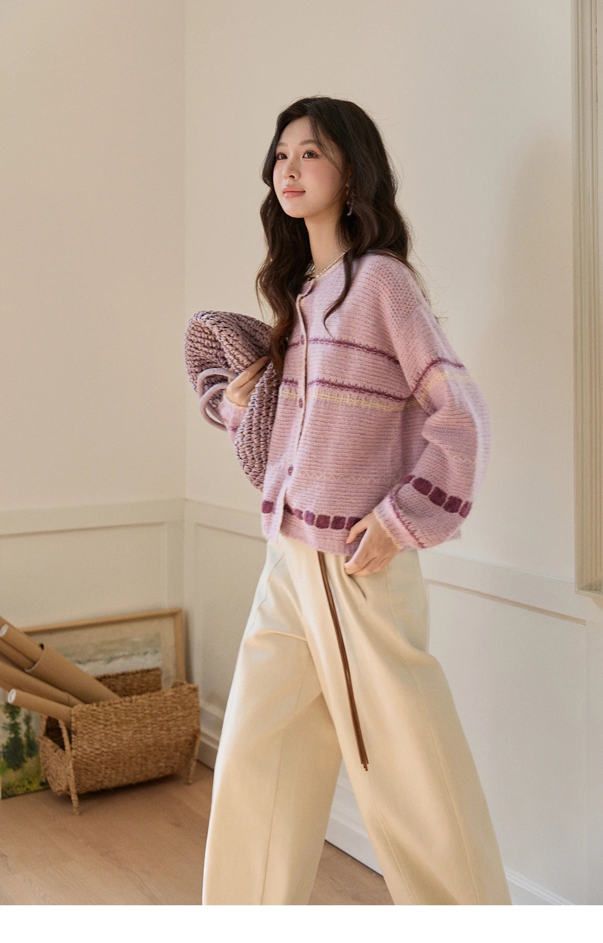 Mishow Lilac Striped Dot Crew Neck Cardigan MXF11Z2897