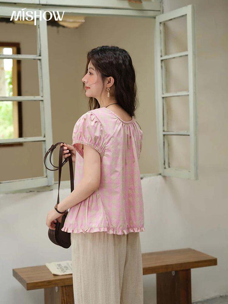 MISHOW Pink Plaid Puff Sleeve Shirt O-Neck Button MXE39X1932