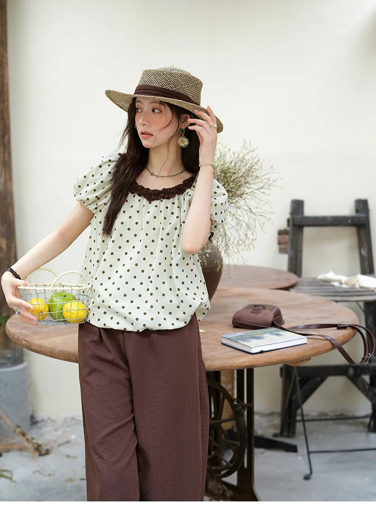 Mishow Polka Dot Puff Sleeve Top & Wide Leg Pants Set MXE39T0657