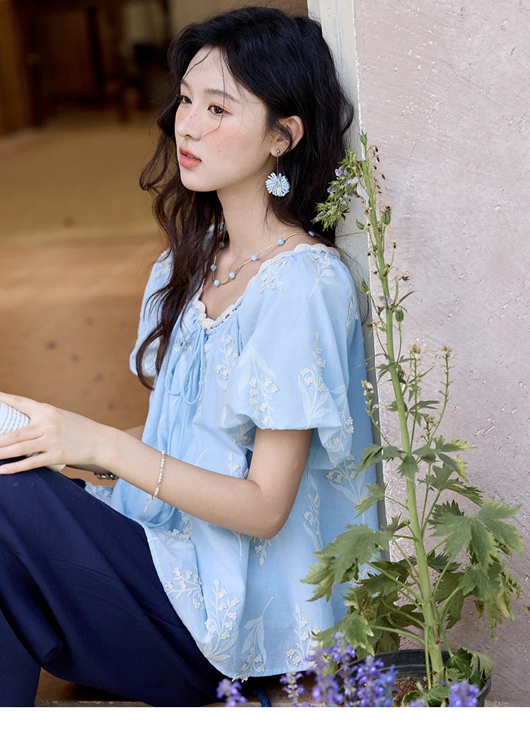 MISHOW Blue Cotton Embroidered Blouse Wave Edged O-Neck MXE35X1791